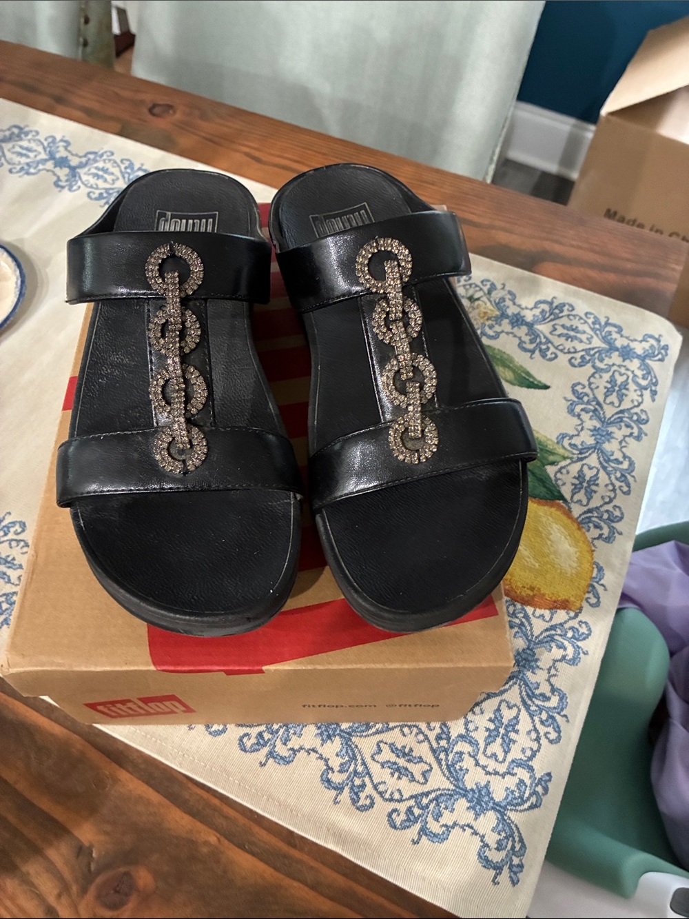 FitFlop Black Jeweled Slide Sandals for Women